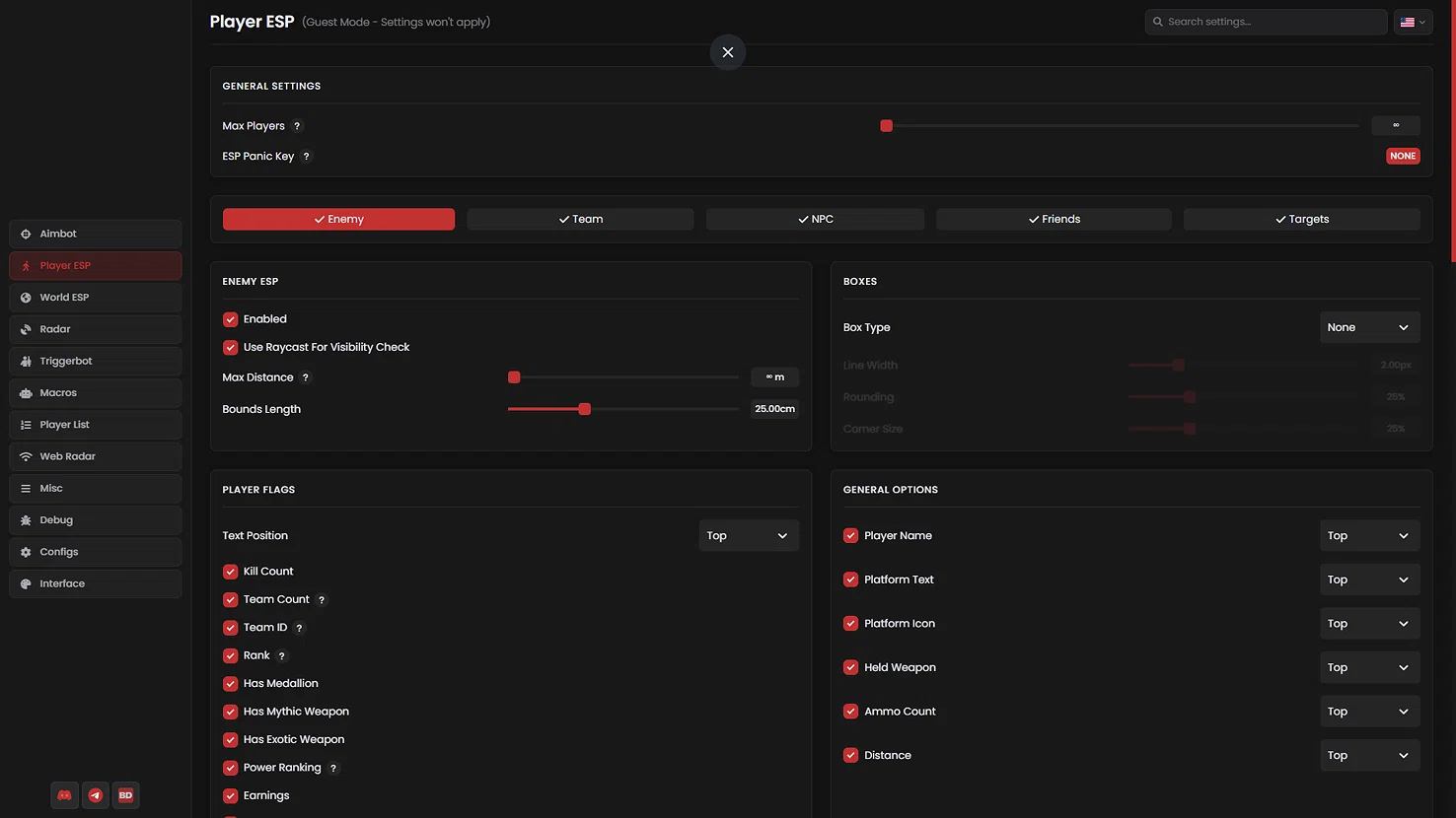 Blurred Fortnite application interface — Player ESP Configuration