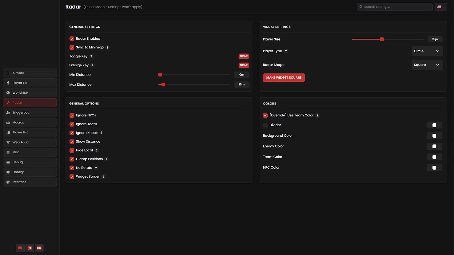 Blurred Fortnite application interface — Radar Settings