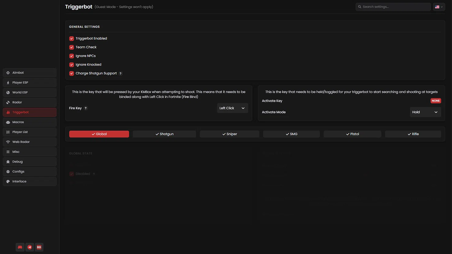 Blurred Fortnite application interface — Triggerbot Settings