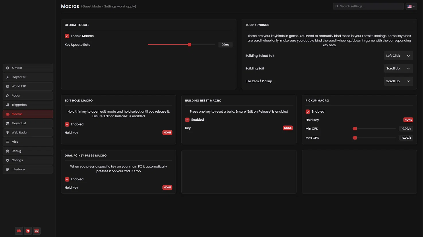 Blurred Fortnite application interface — Misc & Utility Settings