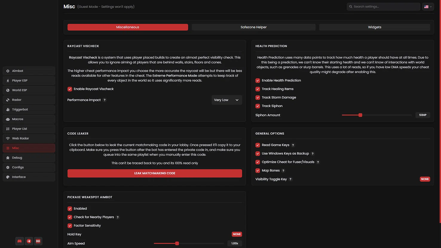 Blurred Fortnite application interface — Advanced Misc Settings